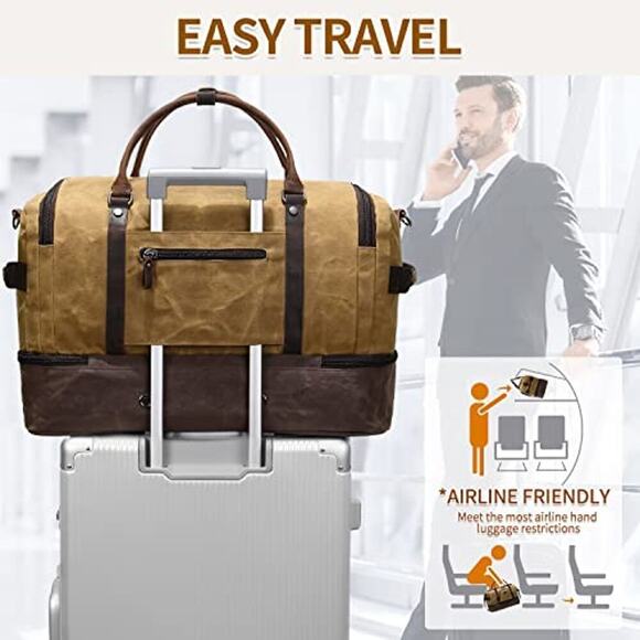 Weekender Bag with Shoe Compartment Large Overnight Bag for Men (Brown) - Picture 8 of 9